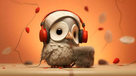 A cute 3D rendered owl enjoys music with headphones.の写真素材