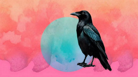 A black raven stands out against a vibrant watercolor background.の写真素材
