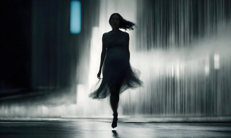 A woman in a dress, running through a blurred cityscape at night.の写真素材