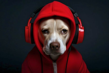 A cute dog wearing a red hoodie and headphones.の写真素材
