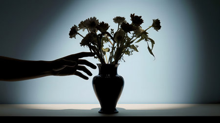 A dramatic silhouette of a hand reaching for a vase of wilting flowers.の写真素材