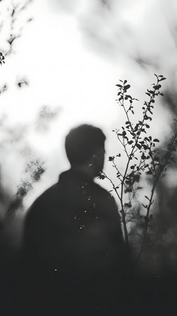 A blurry silhouette of a man, partially obscured by branches and haze. The monochrome palette enhances a mysterious and reflective atmosphere.の写真素材