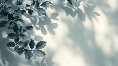 Serene image of leaves and their shadows on a wall.の写真素材