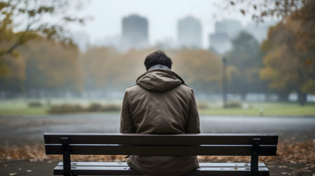 A man sits alone on a park bench, lost in thought. The autumn leaves and foggy city backdrop enhance...