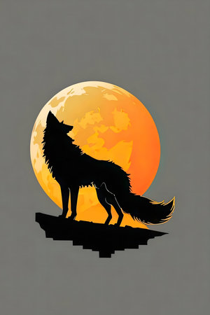 Silhouette of a wolf howling at a giant orange moon.