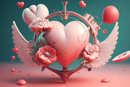 3D rendered image of a pink heart with wings and flowers. Valentines day theme.