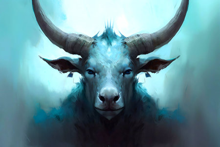 Digital painting of a mystical blue bull, showcasing its majestic presence and serene gaze.