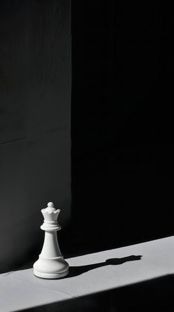 A single white chess queen stands alone, casting a long shadow in a dramatic interplay of light and dark.の写真素材
