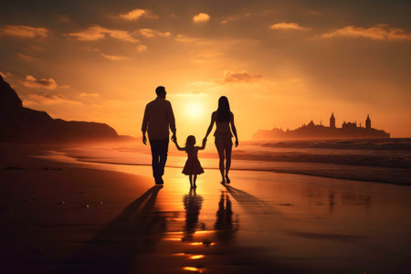Family of three walking on the beach at sunset.の写真素材