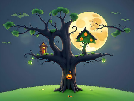 A whimsical Halloween illustration featuring a tree with houses and jack-o'-lanterns, bats flying, under a full moon.の写真素材