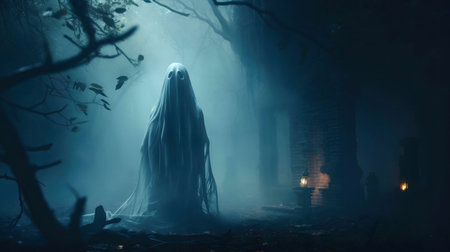 A ghostly figure shrouded in mist, evokes a chilling Halloween atmosphere.