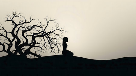 A woman's silhouette kneels near a stark, leafless tree against a muted backdrop. This image is minimalist and expresses profound emotions.の写真素材
