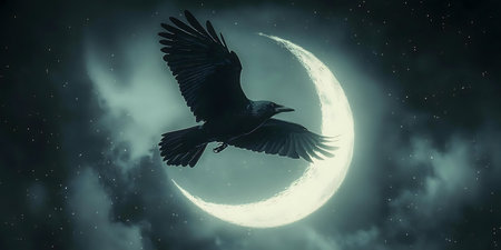 A black raven soars majestically before a luminous crescent moon under a starlit sky.の写真素材