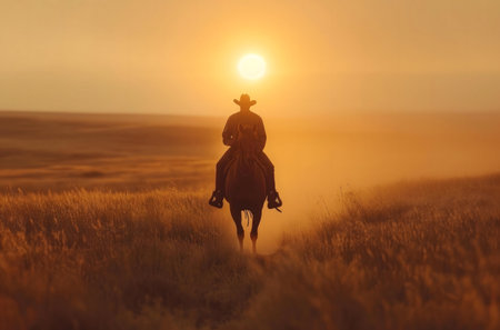 Silhouette of a cowboy riding a horse at sunset across a golden field.の写真素材