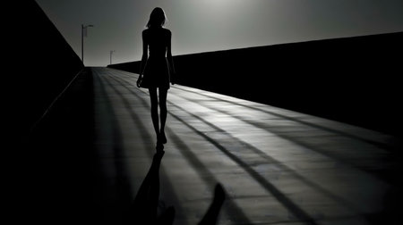 A woman's silhouette walks alone on a moonlit path. The image conveys a sense of solitude.の写真素材