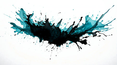Dynamic abstract artwork featuring a teal and black ink splash against a white background.の写真素材