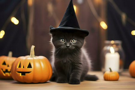 A charming gray kitten wearing a witch's hat sits among carved pumpkins and a candle, creating a cute Halloween scene.の写真素材
