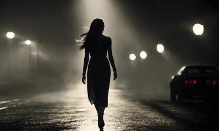 A woman walks alone at night. Foggy road, streetlights, and a car in the background.の写真素材