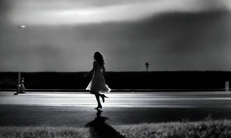 A black and white image showcasing a woman running in a dress, creating a striking silhouette against a wide open background.の写真素材