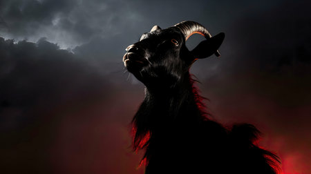 A striking silhouette of a black goat against a dramatic, dark red and gray sky.の写真素材