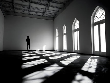 A solitary figure stands in a large, sunlit room. The light streams through arched windows, casting dramatic shadows.の写真素材