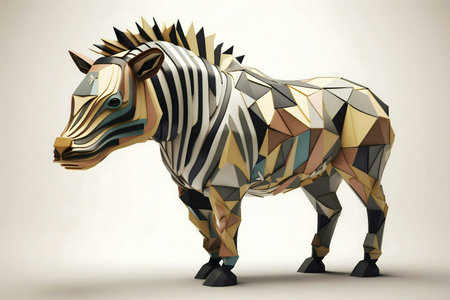 A stunning polygonal zebra sculpture, a visual feast of geometric shapes and vibrant colors.の写真素材