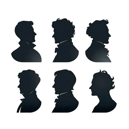 Collection of six elegant silhouette profile portraits. Men and women, classic style.の写真素材