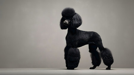 A striking black standard poodle in profile, showing its groomed coat against a muted gray backdrop.の写真素材
