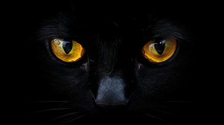 Close-up of a black cat's intense golden eyes in the dark.の写真素材