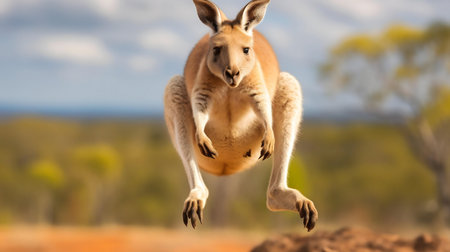 A stunning image of a mid-leap kangaroo. Australia's iconic marsupialの写真素材