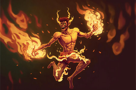 A fiery demon leaps through the air, engulfed in flames. Digital artwork.の写真素材