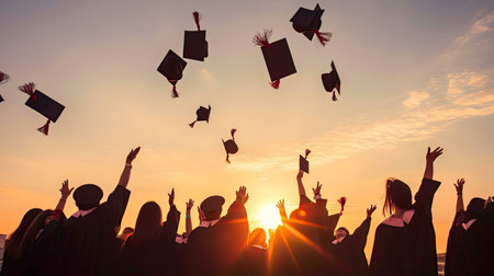 Silhouetted graduates joyfully toss their caps at sunset, celebrating their academic achievement.の写真素材