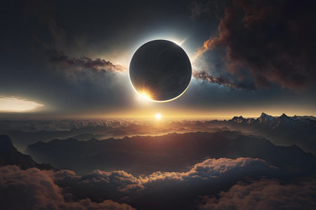 A breathtaking solar eclipse over a vast mountain range, bathed in the warm glow of the setting sun.
