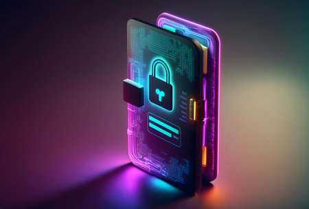 Neon glow digital fortress. Data protection concept.の写真素材