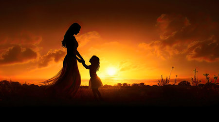 A beautiful sunset silhouette of a mother and daughter holding hands, radiating warmth and love.の写真素材