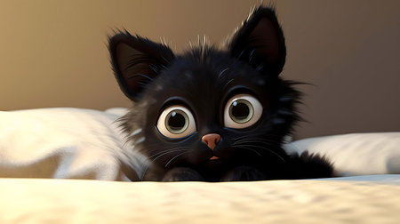 A cute, 3D rendered black kitten peeks from behind pillows on a bed.の写真素材