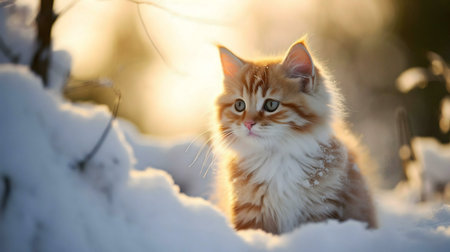A fluffy ginger kitten sits in the snow during a winter sunset.の写真素材