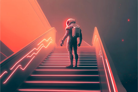 Solitary astronaut on neon stairs. Futuristic, space exploration concept.の写真素材