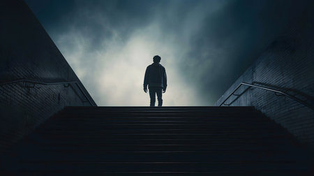 A lone figure ascends a dark staircase, silhouetted against a stormy sky. The image evokes feelings of mystery and introspection.の写真素材