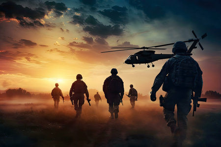 Silhouetted soldiers walk towards a setting sun with a helicopter overhead.