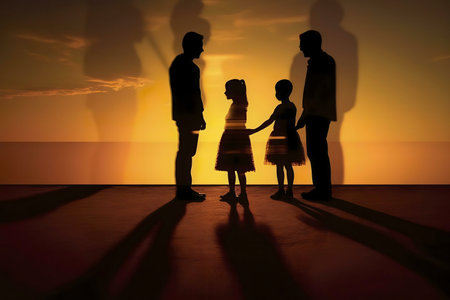 Silhouette of a family at sunset, suggesting separation or divorce.の写真素材