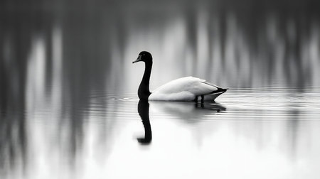 A black-necked swan glides peacefully across a still lake, its reflection mirrored perfectly in the water.の写真素材