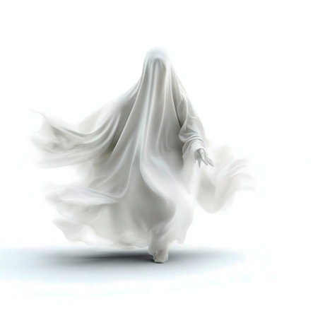 A digital rendering of a ghostly figure, draped in flowing white fabric, creates an ethereal and spooky atmosphere.の写真素材