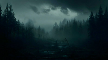 Dark and mysterious forest scene. Fog hangs heavy in the air, creating a sense of unease.