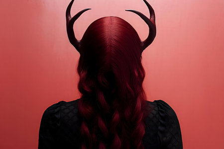 Mysterious woman with red hair and antlers.の写真素材