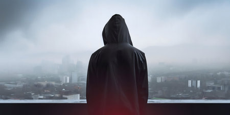 A hooded figure gazes over a foggy city, evoking feelings of solitude.