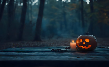 A carved pumpkin glows beside a candle on a wooden table in a dark, misty forest. Spooky Halloween ambience.の写真素材