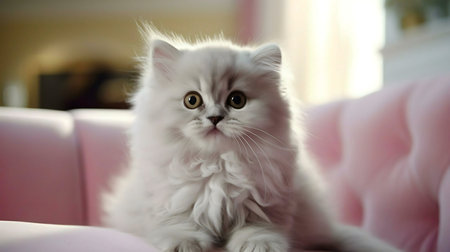 A fluffy white kitten sits on a pink chair, looking directly at the camera.の写真素材