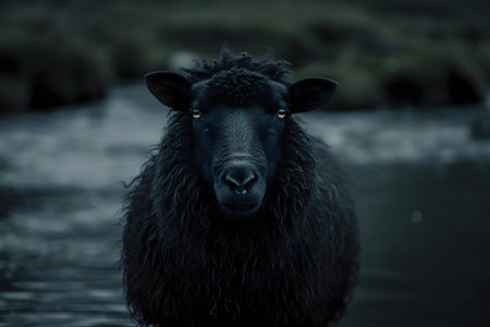 A lone black sheep stares intensely, near a dark river. Icelandic landscape.の写真素材