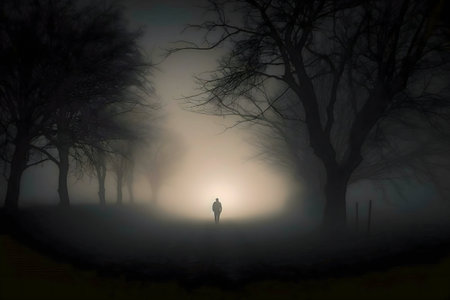 A lone figure walks into a mysterious, fog-filled path, surrounded by dark trees at night.の写真素材